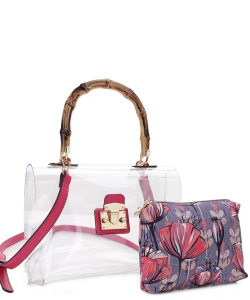 Bamboo Top Handle with Flower Pouch Clear Bag Set CR20412 FUCHSIA